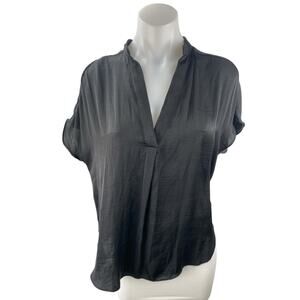 Naked Zebra Womens Black Short Cap Sleeve Pleated V Neck Shirt Blouse Top Size S